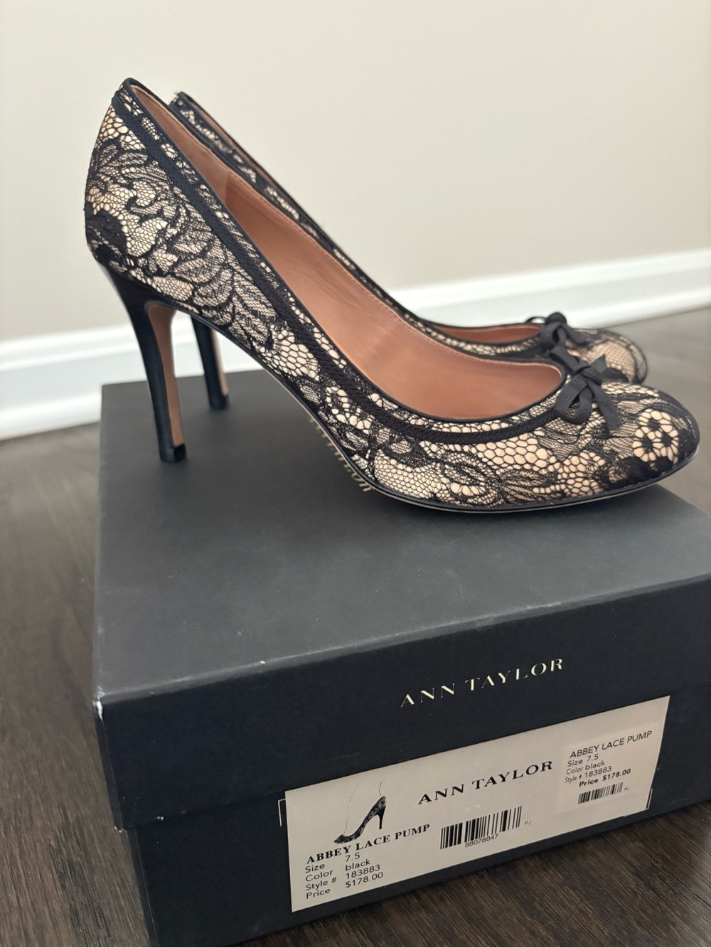 ANN TAYLOR Black Lace Overlay Nude High Heel Pump Shoes Size 7.5 NEW WITH TAGS